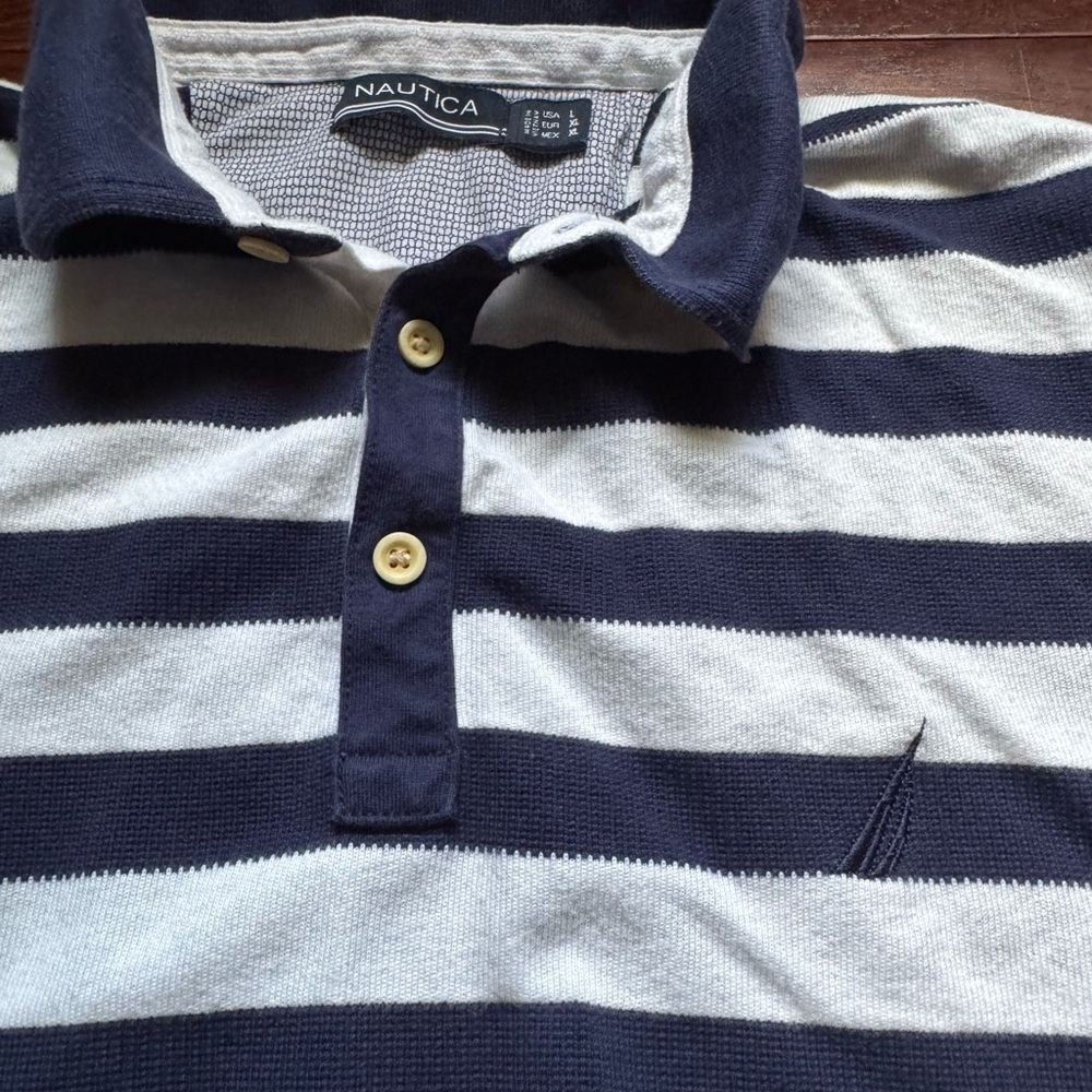 Nautica Navy and White Striped Polo size large
